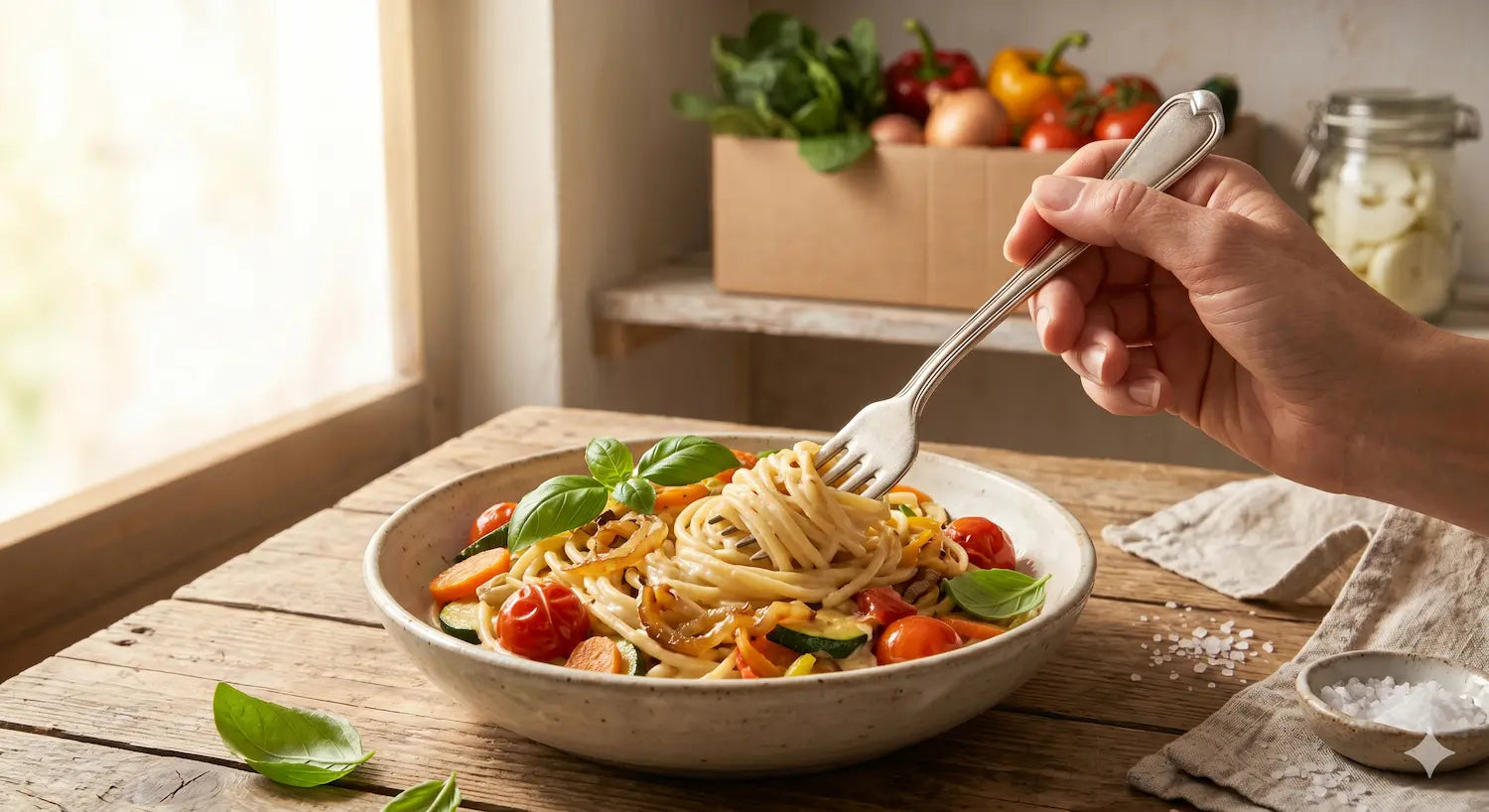 Pasta con cebolla caramelizada y verduras: Cremosa y Saludable